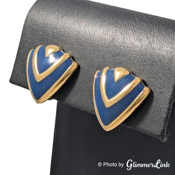 VTG 80s Avon Abstract Style Dark Blue Chevron Enamel Gold Tone Clip On Earrings - Picture 4 of 10